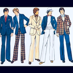 May include: A vintage illustration featuring five figures wearing tailored suits and blazers. The outfits include a solid blue suit with a red tie, a blue blazer with plaid trousers, a beige suit, a blue blazer with white trousers, and a plaid blazer.