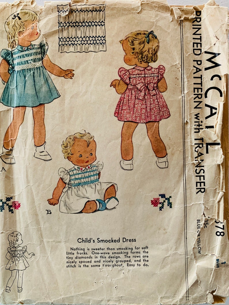 40s Pattern, Toddler Dress Pattern, Smocking Patterns, Smocking Transfer, Smocked Dress Pattern, Vintage Smocking Pattern, McCall 878 Size 1 image 3