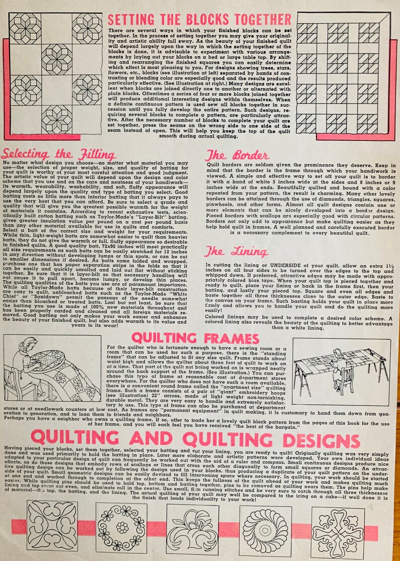 K&ouml;nnte beinhalten: Eine Vintage-Seite aus einem Quilting-Ratgeber mit Texten zum Setzen von Bl&ouml;cken, Ausw&auml;hlen der F&uuml;llung, R&auml;ndern und Futter. Die Seite enth&auml;lt Illustrationen von Steppmustern und Quiltrahmen und bietet Anweisungen und Ratschl&auml;ge f&uuml;r Quilter.