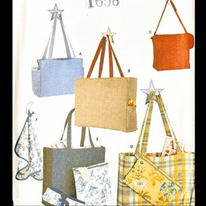 May include: A sewing pattern for seven different tote bags. The bags are made of various fabrics, including plaid, gingham, and floral prints. The pattern includes instructions for making a small zippered pouch.
