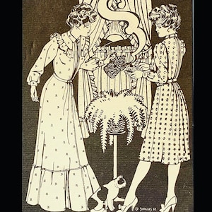 May include: Black and white illustration of two women in dresses, one holding a cup and saucer, the other holding a patterned object. A cat sits at their feet, and a fern is in the foreground. The image has a vintage, art deco style.