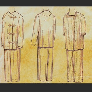 May include: Three different styles of pajamas, each with a long-sleeved top and pants. The first pajama set has a mandarin collar and buttons. The second pajama set has a round neckline. The third pajama set has a button-up collar.