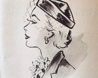 May include: A black and white line drawing of a woman wearing a hat and a flower necklace. The woman is looking up and to the right. The drawing is done in a simple style.