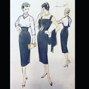 May include: A fashion illustration featuring three figures in dark blue dresses. One wears a white top with a V-neck, another a square-neck dress with a floral accent, and the third shows the back view with button details. All wear gloves and heels.