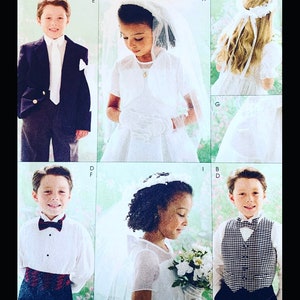 May include: A sewing pattern illustration featuring formal attire for children, including a dark blazer with a white tie, a white dress with a veil, a white shirt with a plaid bowtie and cummerbund, and a white shirt with a plaid vest and bowtie.