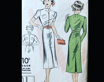 Vintage 30s Collarless Geometric Seam Zip Front Front Art Deco Thin Man Myrna Loy Day Dress Sewing Pattern 1979 B30