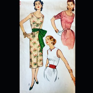 50s Sleeveless Shirred Sleeve Fitted Sheath VLV Wiggle Dress Shirred Sleeve Sash Vintage Sewing Pattern 4298 B32