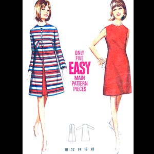 May include: Vintage sewing pattern showing two dresses. One is a red and white striped coat dress, the other a sleeveless red dress. The text reads "ONLY FIVE EASY MAIN PATTERN PIECES". Sizes 10, 12, 14, 16, and 18 are listed.