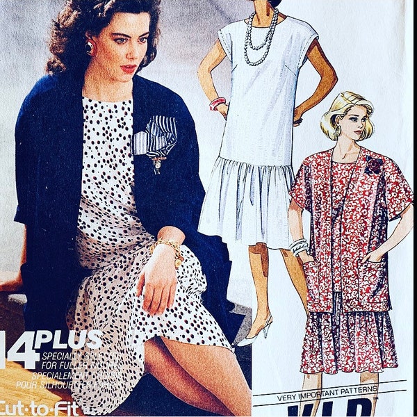 80s Drop Waist Dress w/ Cap Sleeves Wide Flounce & Matching Jacket Plus Size EASY Vintage Sewing Pattern 4256 B44 B46 B48