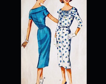 50s Slim Sheath Dress Fitted Wiggle Dresses Bateau Neckline Sleeve OptionsVintage Easy to Sew Sewing Pattern McCalls 4524 Bust 32