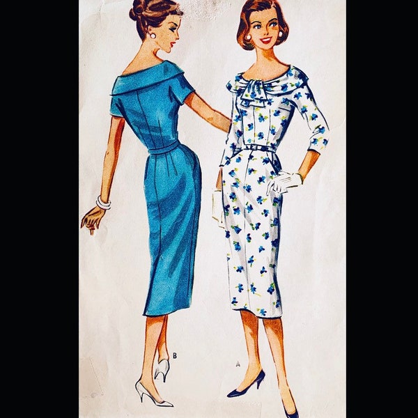 50s Slim Sheath Dress Fitted Wiggle Dresses Bateau Neckline Sleeve OptionsVintage Easy to Sew Sewing Pattern McCalls 4524 Bust 32