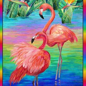 Flamingo Quilt Block, Tropical Quilt Pattern, Bird Quilt Panel, Summer Quilt Panel Fabrics, Panels for Quilting, Flamingo Quilting Fabric