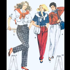 May include: Illustration of three different outfits. The first outfit features plaid pants, a white shirt, and a sweater tied around the shoulders. The second outfit includes red pants, a blue shirt, and a white purse. The third outfit has white pants and a red sweater.