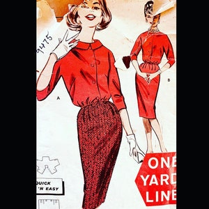 May include: A vintage sewing pattern illustration featuring two women wearing red dresses. The dress on the left has a red and black chevron pattern skirt and a red button-up top. The dress on the right is a solid red dress with a cinched waist. The pattern number is 9475. The text "One Yard Line" is visible in the bottom right corner.