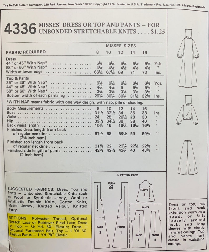 70s Pattern, Cowl Neck Top Pattern, Wide Leg Pants Pattern, Dress with Hood, Flared Pants Pattern, Easy Sewing Patterns, McCalls 4336 B32 image 2