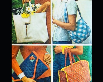 May include: A collage of four images showcasing various bags. One is a white tote bag with a wooden toggle, another a blue and white checkered shoulder bag. The other two are quilted bags with floral patterns and a rose applique.