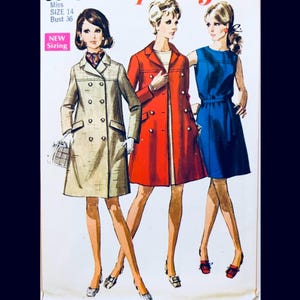 May include: Vintage sewing pattern featuring three illustrated women's outfits: a tan double-breasted coat, a red coat, and a blue dress. The pattern is labeled "Miss Size 14, Bust 36" with "New Sizing" text.