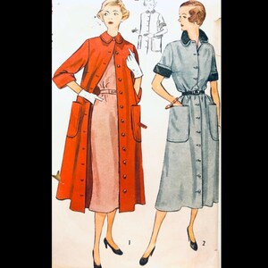 May include: Vintage fashion illustration featuring two women's dresses. One woman wears a long, button-down red coat over a pink dress. The other wears a light blue dress with a black collar and short sleeves. Both dresses have pockets.