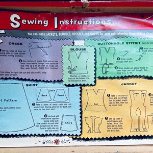 May include: A vintage sewing instruction sheet for making doll clothes. The sheet features illustrations of a dress, blouse, skirt, jacket, and buttonhole stitch. The instructions are written in black text on a white background.