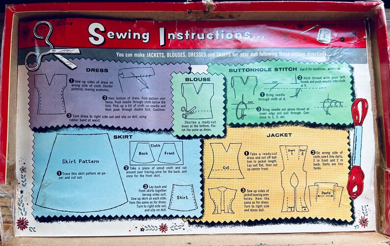 May include: A vintage sewing instruction sheet for making doll clothes. The sheet features illustrations of a dress, blouse, skirt, jacket, and buttonhole stitch. The instructions are written in black text on a white background.