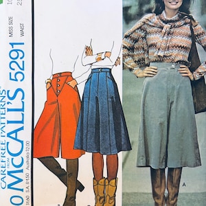 May include: A McCall's 5291 sewing pattern envelope for a misses' set of culottes. The cover features illustrations of three culotte styles in orange, blue, and grey, paired with long-sleeved tops and boots. The text includes the pattern number 5291.