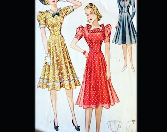 Vintage 30s Frilly Basque Waist Shirred Bodice Afternoon Dress Sewing Pattern 3008 B32