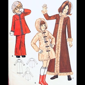 May include: A sewing pattern illustration featuring three garment styles: a red tunic and trousers set, a beige faux-fur hooded coat with toggle closures, and a long brown coat with faux-fur trim on the front, cuffs, and hem, labelled A, B, and C.