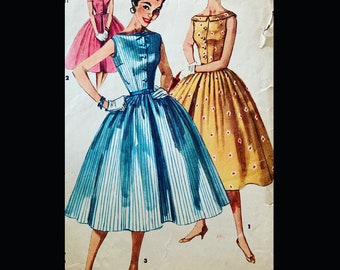 50s Bateau Shirtwaist Dress w/ Pleated Full Skirt Sleeveless Ring Collar Sabrina Style Vintage Sewing Pattern 1191 B31