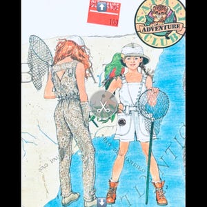 May include: Two girls wearing safari-themed outfits with butterfly nets. One girl is wearing a white jumpsuit with a green parrot on her shoulder. The other girl is wearing a brown jumpsuit with a floral pattern. The image has a map of South America in the background with the text "Safari Adventure Club".