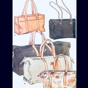 May include: Illustration of various tote bags and travel bags. The bags are in different styles, including a tan leather tote, a black quilted bag with chain straps, and several duffel bags in black, green, and floral patterns. The bags have leather handles.