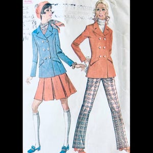 May include: A vintage sewing pattern illustration featuring two outfits. One shows a blue double-breasted blazer with a pleated orange skirt and white knee-high socks. The other shows an orange double-breasted blazer with plaid trousers.