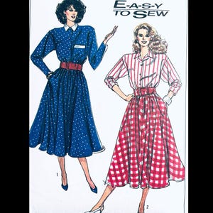 May include: An illustration of two vintage dresses. One is a blue polka dot dress with a red belt. The other is a red and white plaid skirt with a red and white striped shirt and a red belt. The text "E-A-S-Y TO SEW" is at the top.