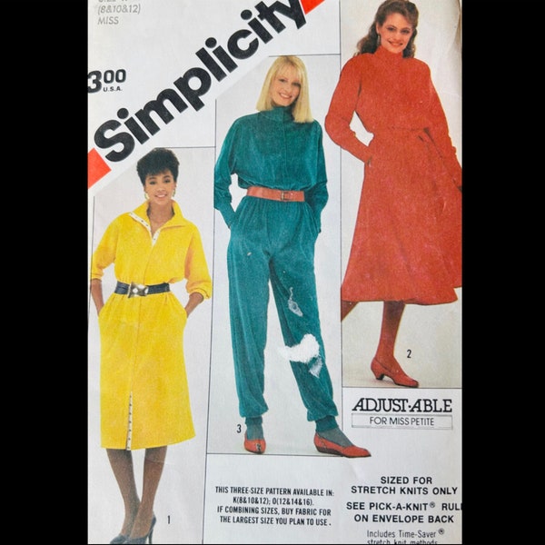 Simplicity 6023, Shirtwaist Dress Pattern, 80s Jumpsuit Pattern, Jumpsuits Sewing Pattern, Dress with Pockets Pattern, Knit Dress Pattern