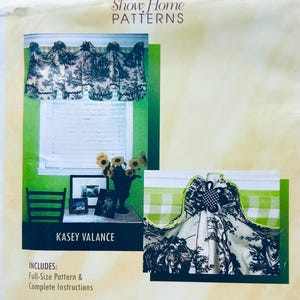 May include: A package for a Kasey Valance pattern from Pate-Meadows Designs. The pattern includes a full-size pattern and complete instructions. The valance design features a black and white toile pattern.