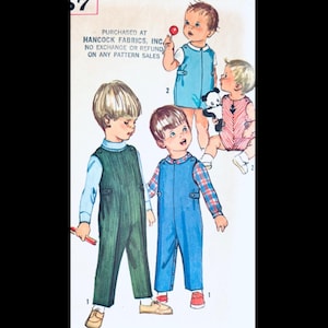 May include: Vintage sewing pattern illustration featuring children's clothing designs. The image shows drawings of overalls, rompers, and a jumper. The text reads "PURCHASED AT HANCOCK FABRICS, INC. NO EXCHANGE OR REFUND ON ANY PATTERN SALES."