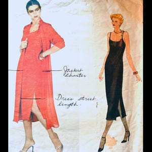 May include: Vintage fashion illustration featuring two dress designs. One design is a red dress with a matching jacket, and the other is a black slip dress. The text on the image reads "Jacket Shorter" and "Dress street length."