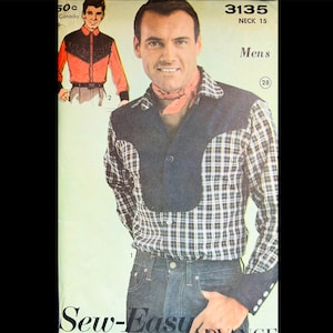 May include: A sewing pattern for a plaid shirt with a yoke and a neck size of 15. The pattern is for men and is from the Sew-Easy brand.