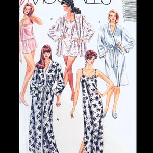 May include: A sewing pattern envelope featuring illustrations of sleepwear including a pink camisole and shorts set, a floral print short robe and chemise, a striped robe, and a long robe and matching floor-length gown with a black floral print.