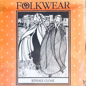 May include: A Folkwear sewing pattern envelope for a Kinsale Cloak, featuring an orange background with a white floral pattern. The central black and white illustration depicts two figures wearing cloaks in front of a castle, with the text Kinsale Cloak.