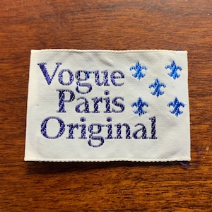 Vogue Paris Original Vintage 70s Embroidered Clothing Tag Garment Label Sewing Blue & White Fleur de Lis