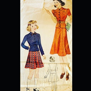 May include: Vintage illustration of two girls wearing dresses. The girl on the left is wearing a blue jacket with a plaid skirt. The girl on the right is wearing a brown dress with a belt and a book.