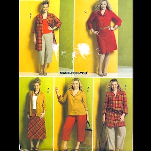 May include: A multi-panel image showcasing various outfits. The outfits include a red dress, a plaid jacket, a yellow button-up shirt, and a plaid skirt. The outfits are modeled by a woman. The text "MADE-FOR-YOU" is visible.