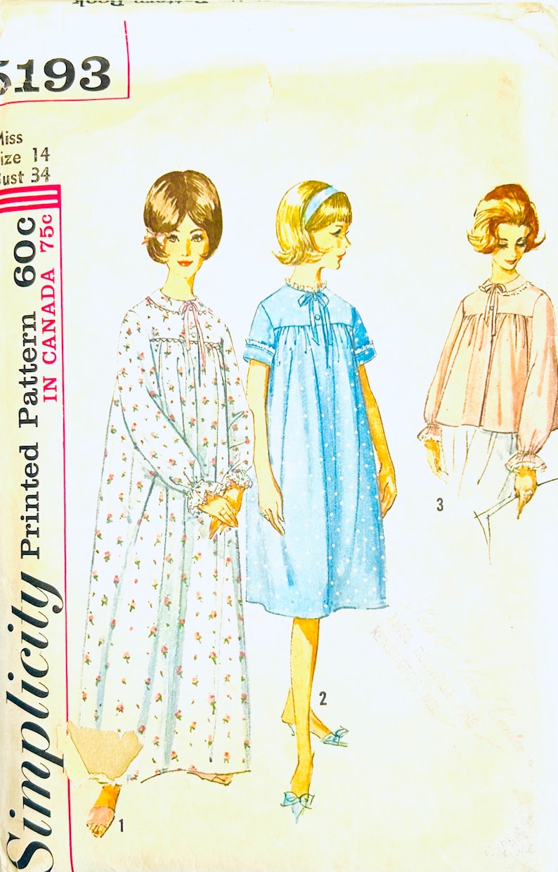 Simplicity 5193 B34, Cute Nightgown Sewing Pattern, Bed Jacket Pattern ...
