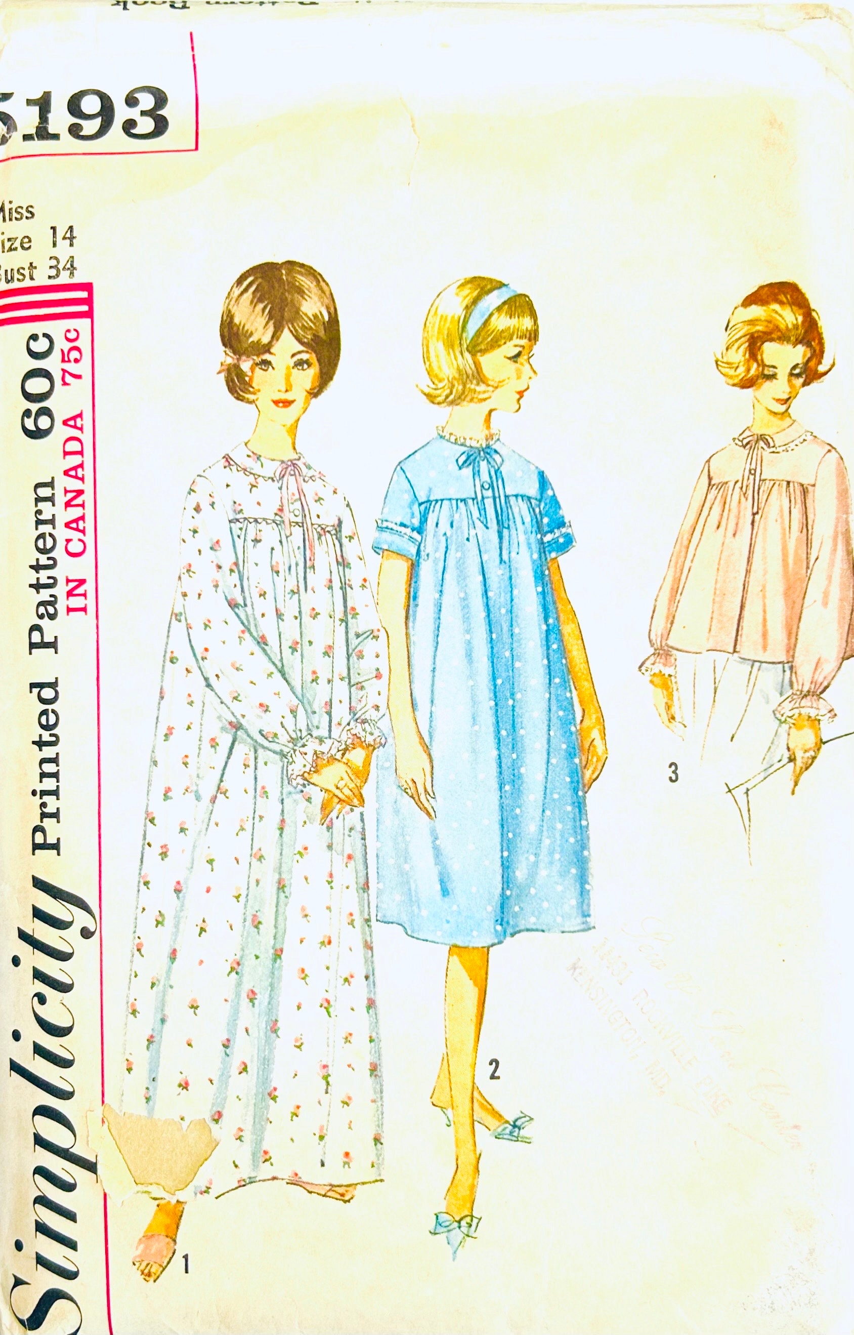Simplicity 5193 B34, Cute Nightgown Sewing Pattern, Bed Jacket Pattern ...