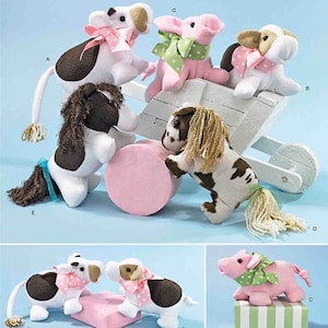 May include: Simplicity pattern 2299 features various stuffed animal designs, including a cow, pig, and horses. The plush toys are white, pink, and brown, with decorative bows. The image includes the text "Simplicity" and "mia illustrationdesign".