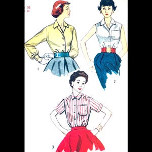 Blouse uit de jaren 50 met knoopsluiting aan de voorkant en verschillende mouwopties: mouwloos, lange pofmouwen, manchetten en zakken. Vintage naaipatroon 4256 B30