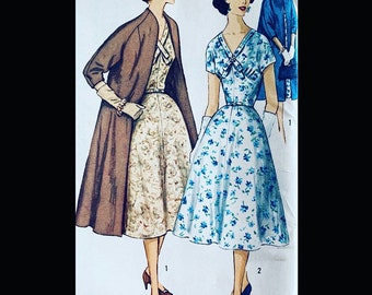 50s Fit N Flare Dress w/ Criss Cross Neckline & Matching Clutch Swing Coat Car Coat Vintage Sewing Pattern Simplicity 1930 B36