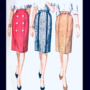 May include: Illustration of three pencil skirts in different colors and patterns. The first is red with large white buttons, the second is blue with a chevron pattern, and the third is tan with a belt.