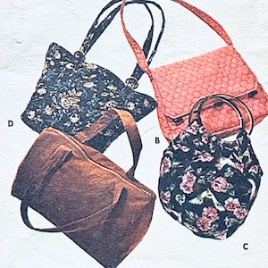 May include: Four different styles of handbags. One is brown leather, one is pink with a quilted pattern, and two are black with floral patterns.