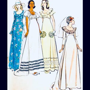 May include: Illustration of four different wedding dress designs. The dresses are in various styles, including a blue floral print, a white dress with lace details, and a cream-colored dress with ruffles. Each design features a different neckline and sleeve style.
